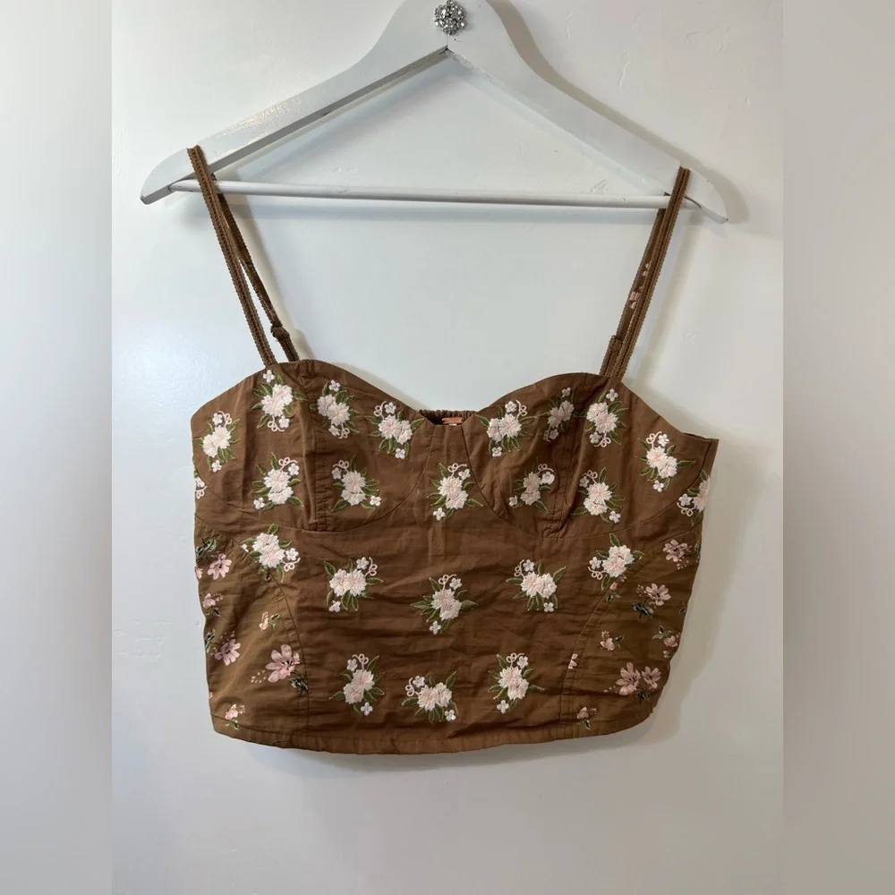 Free People Brown Floral bustier Crop Top sz M - Picture 3 of 10